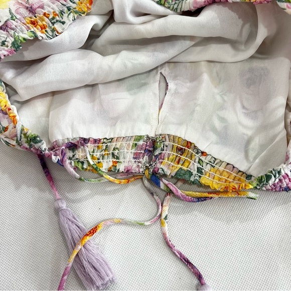 Floral Tassel Tie Mini Dress Multicolored Sheer Lined Tiered Shimmery - Picture 12 of 14